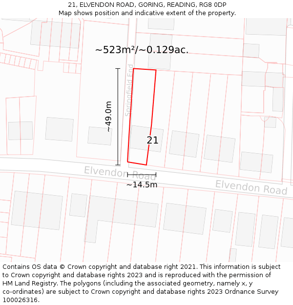 21, ELVENDON ROAD, GORING, READING, RG8 0DP: Plot and title map