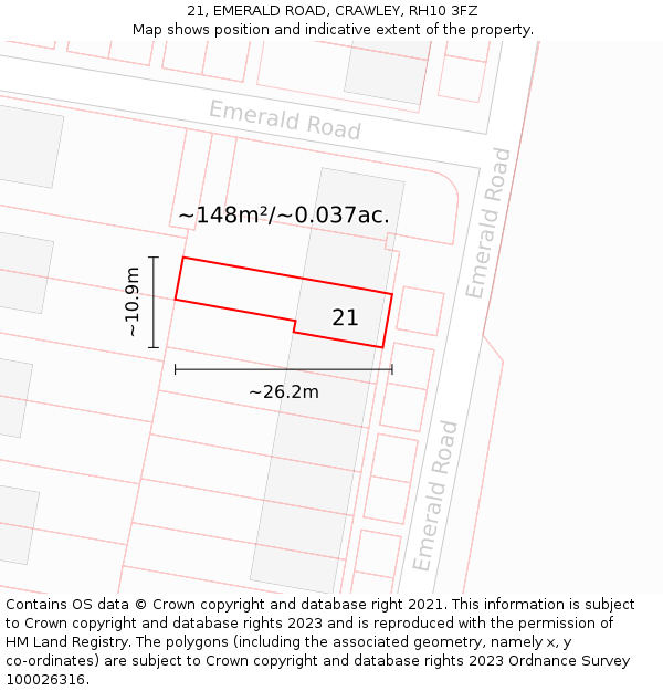 21, EMERALD ROAD, CRAWLEY, RH10 3FZ: Plot and title map