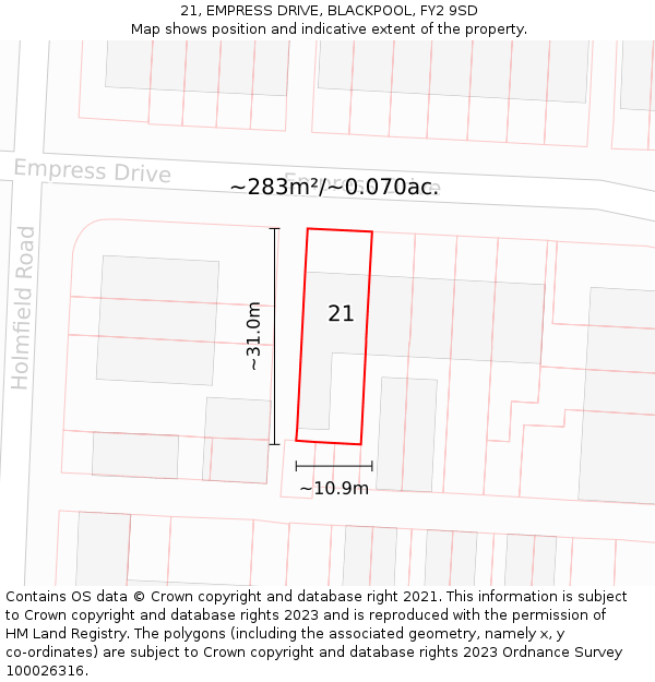 21, EMPRESS DRIVE, BLACKPOOL, FY2 9SD: Plot and title map
