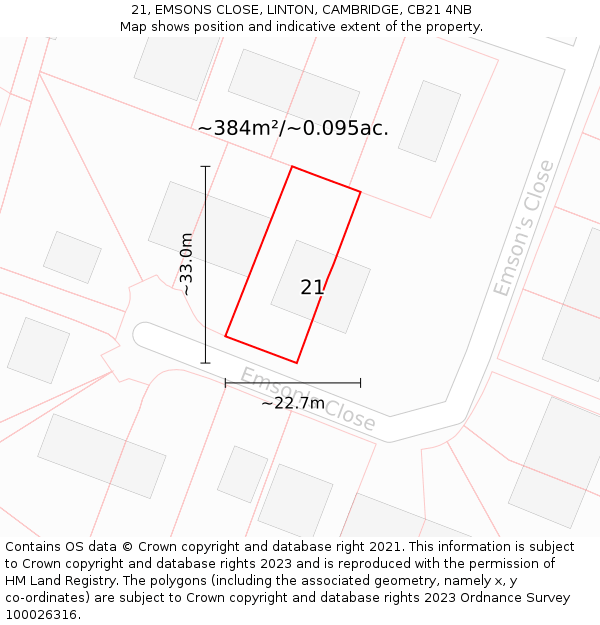 21, EMSONS CLOSE, LINTON, CAMBRIDGE, CB21 4NB: Plot and title map