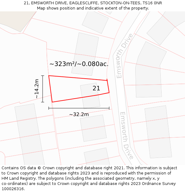 21, EMSWORTH DRIVE, EAGLESCLIFFE, STOCKTON-ON-TEES, TS16 0NR: Plot and title map