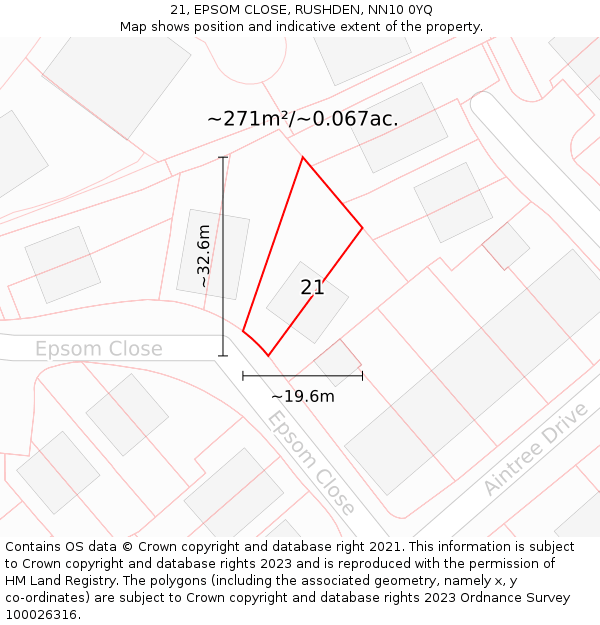 21, EPSOM CLOSE, RUSHDEN, NN10 0YQ: Plot and title map