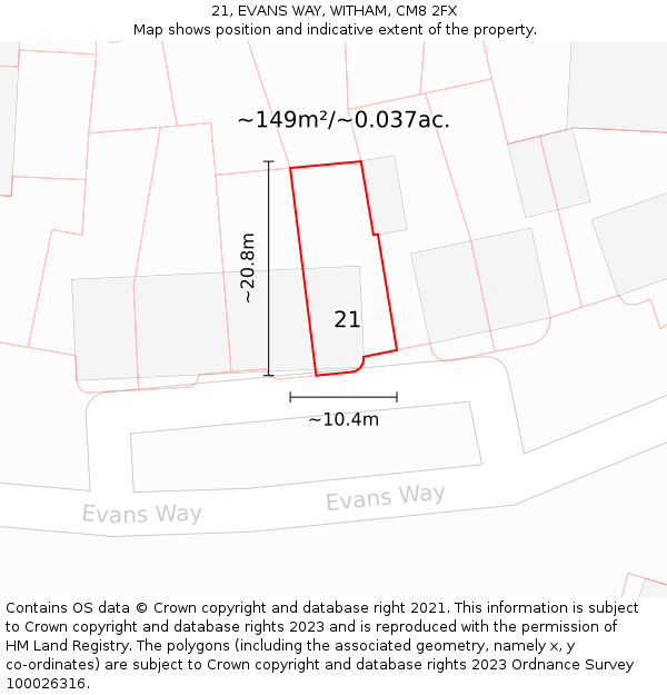 21, EVANS WAY, WITHAM, CM8 2FX: Plot and title map