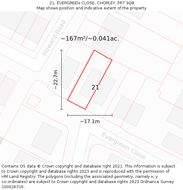 21, EVERGREEN CLOSE, CHORLEY, PR7 3QB: Plot and title map