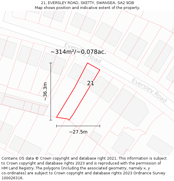 21, EVERSLEY ROAD, SKETTY, SWANSEA, SA2 9DB: Plot and title map