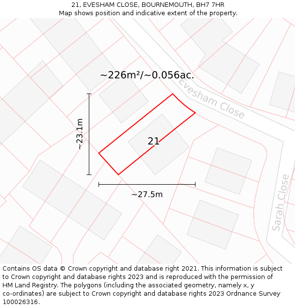21, EVESHAM CLOSE, BOURNEMOUTH, BH7 7HR: Plot and title map