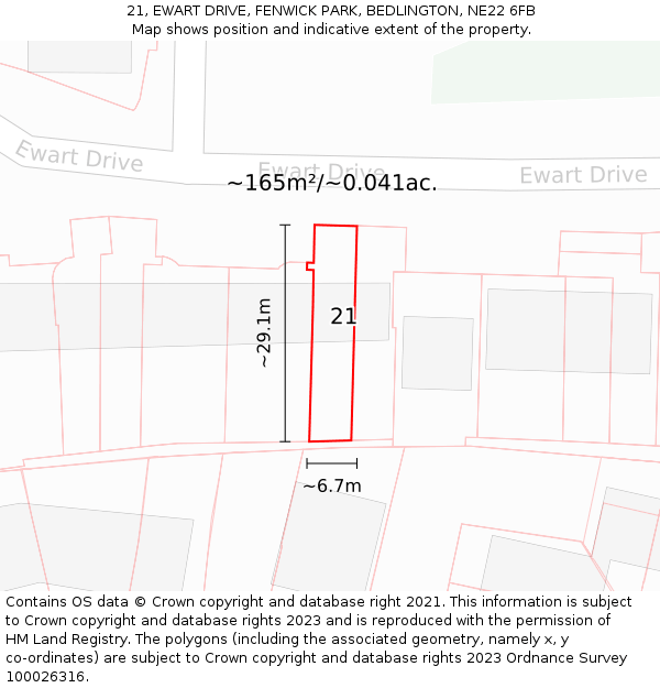 21, EWART DRIVE, FENWICK PARK, BEDLINGTON, NE22 6FB: Plot and title map