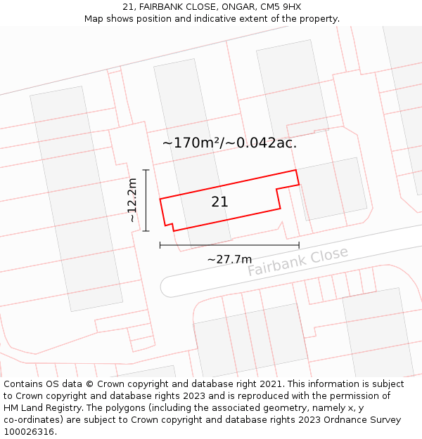 21, FAIRBANK CLOSE, ONGAR, CM5 9HX: Plot and title map
