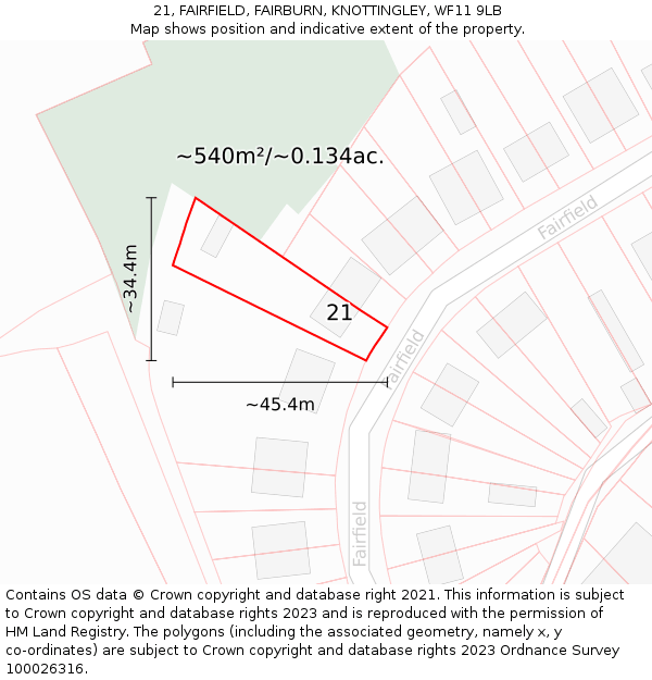 21, FAIRFIELD, FAIRBURN, KNOTTINGLEY, WF11 9LB: Plot and title map