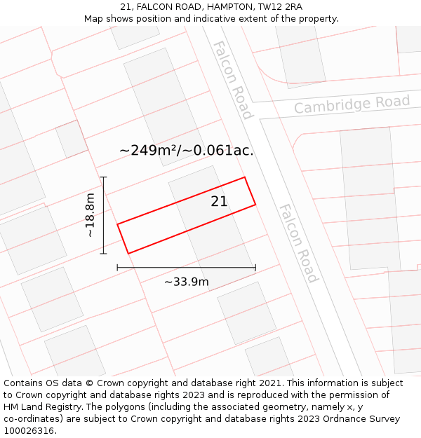 21, FALCON ROAD, HAMPTON, TW12 2RA: Plot and title map
