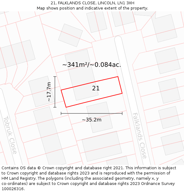 21, FALKLANDS CLOSE, LINCOLN, LN1 3XH: Plot and title map
