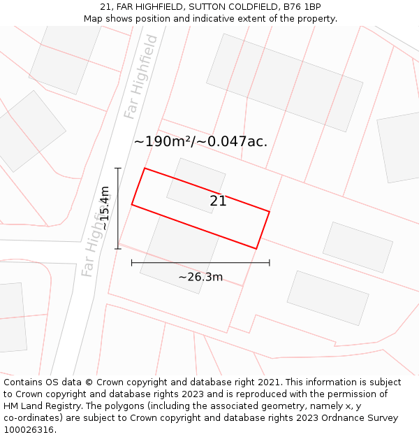 21, FAR HIGHFIELD, SUTTON COLDFIELD, B76 1BP: Plot and title map