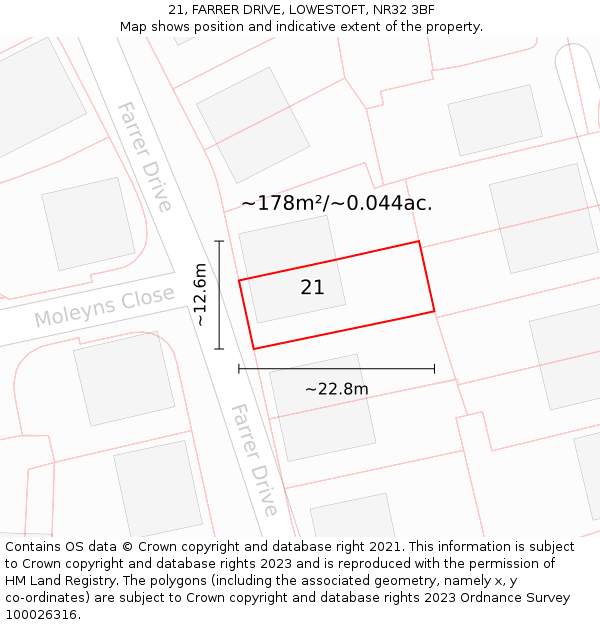 21, FARRER DRIVE, LOWESTOFT, NR32 3BF: Plot and title map