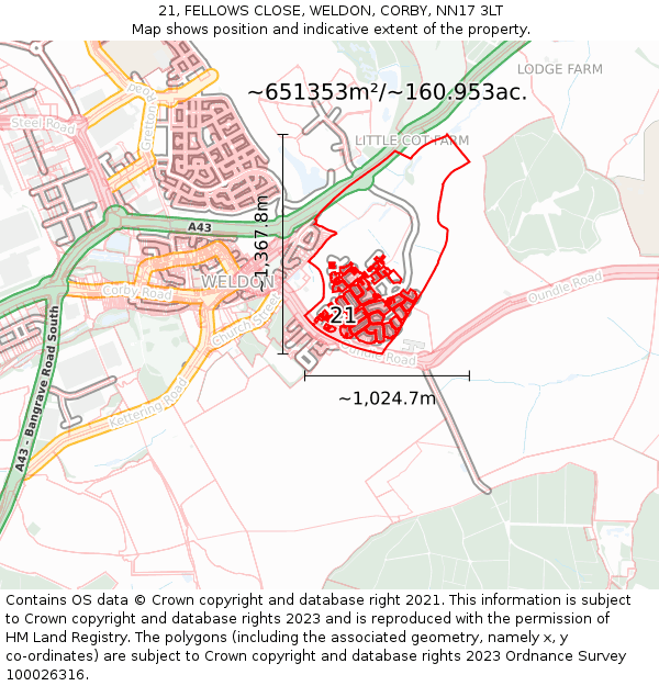 21, FELLOWS CLOSE, WELDON, CORBY, NN17 3LT: Plot and title map