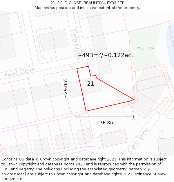 21, FIELD CLOSE, BRAUNTON, EX33 1EP: Plot and title map