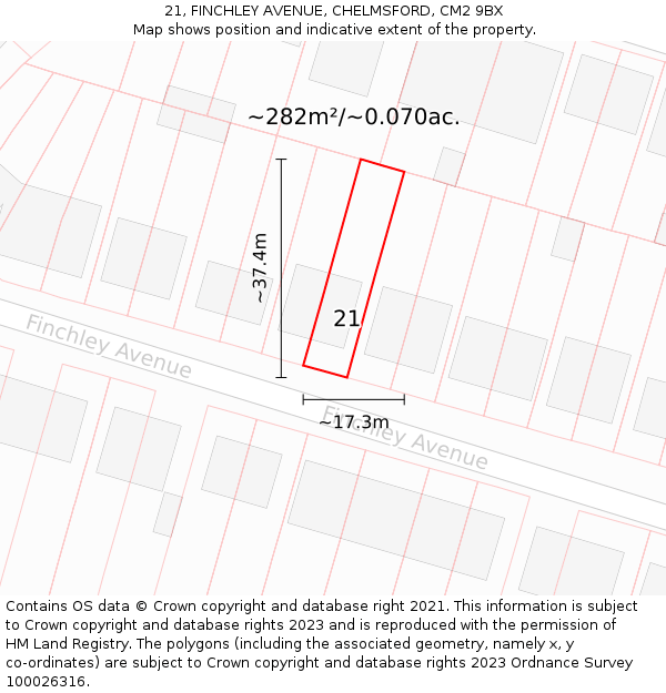21, FINCHLEY AVENUE, CHELMSFORD, CM2 9BX: Plot and title map