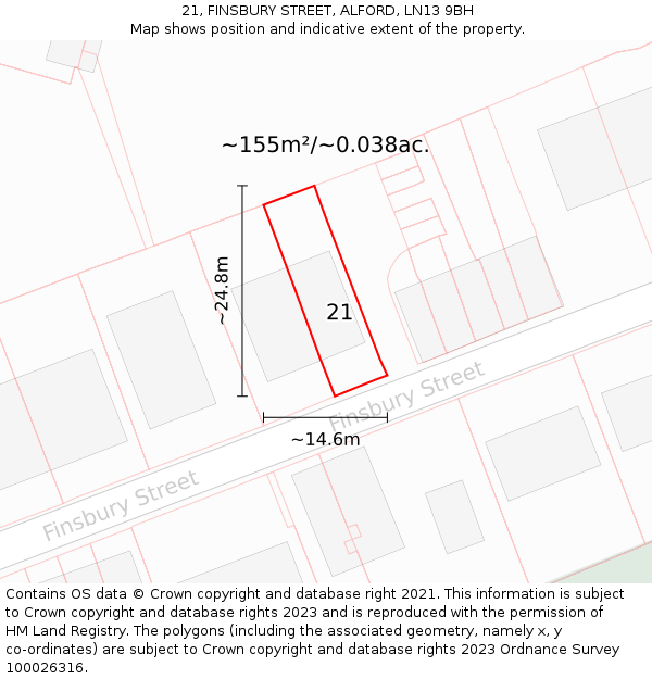 21, FINSBURY STREET, ALFORD, LN13 9BH: Plot and title map