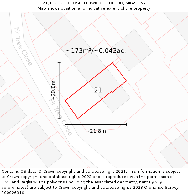 21, FIR TREE CLOSE, FLITWICK, BEDFORD, MK45 1NY: Plot and title map