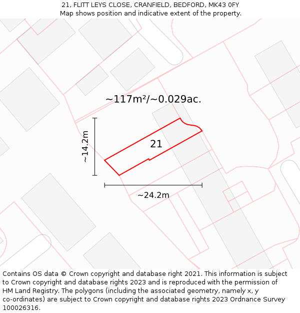 21, FLITT LEYS CLOSE, CRANFIELD, BEDFORD, MK43 0FY: Plot and title map