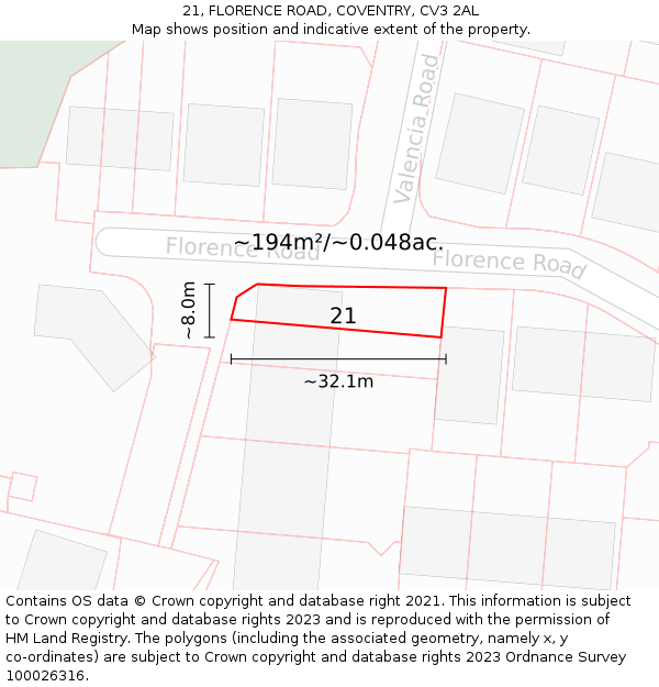 21, FLORENCE ROAD, COVENTRY, CV3 2AL: Plot and title map