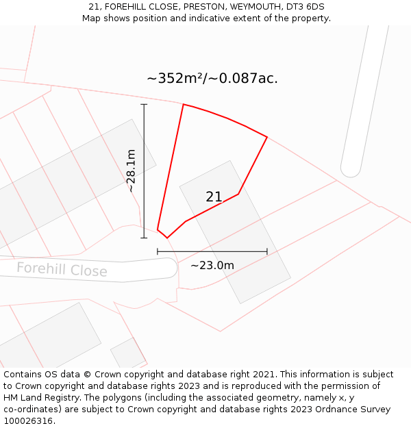 21, FOREHILL CLOSE, PRESTON, WEYMOUTH, DT3 6DS: Plot and title map