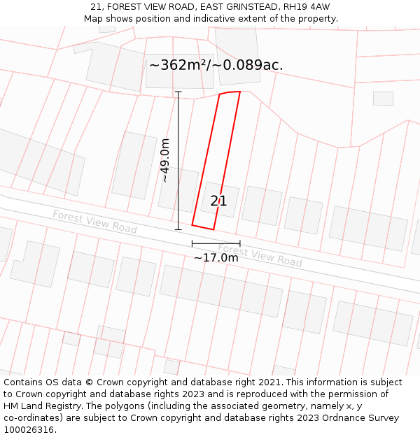 21, FOREST VIEW ROAD, EAST GRINSTEAD, RH19 4AW: Plot and title map