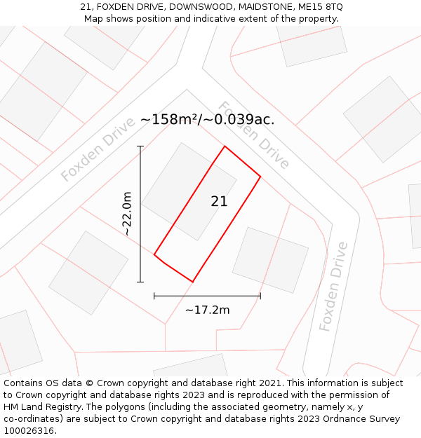 21, FOXDEN DRIVE, DOWNSWOOD, MAIDSTONE, ME15 8TQ: Plot and title map