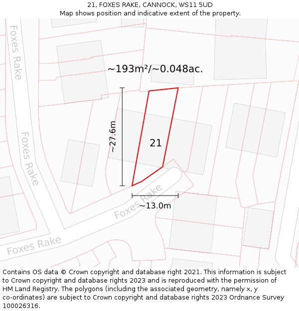21, FOXES RAKE, CANNOCK, WS11 5UD: Plot and title map