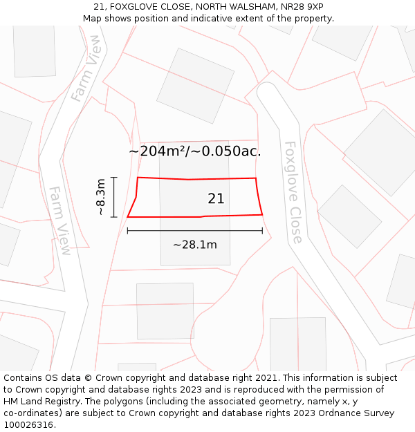 21, FOXGLOVE CLOSE, NORTH WALSHAM, NR28 9XP: Plot and title map