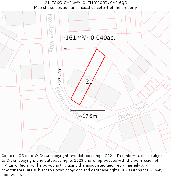 21, FOXGLOVE WAY, CHELMSFORD, CM1 6QS: Plot and title map