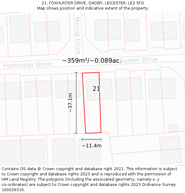 21, FOXHUNTER DRIVE, OADBY, LEICESTER, LE2 5FG: Plot and title map