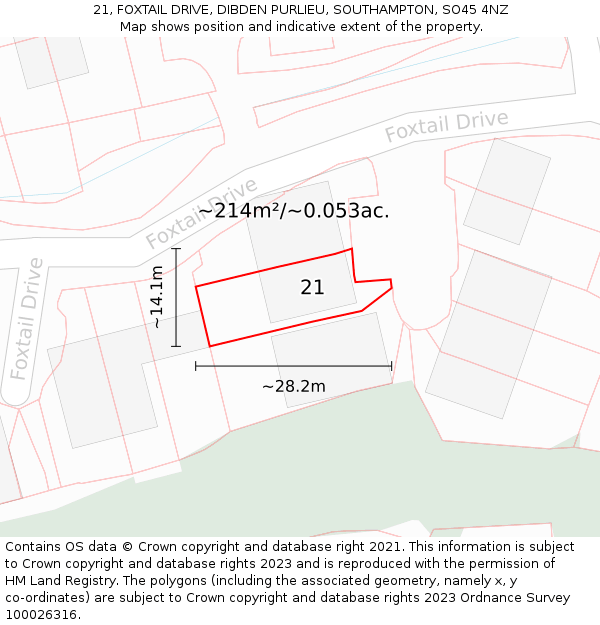 21, FOXTAIL DRIVE, DIBDEN PURLIEU, SOUTHAMPTON, SO45 4NZ: Plot and title map