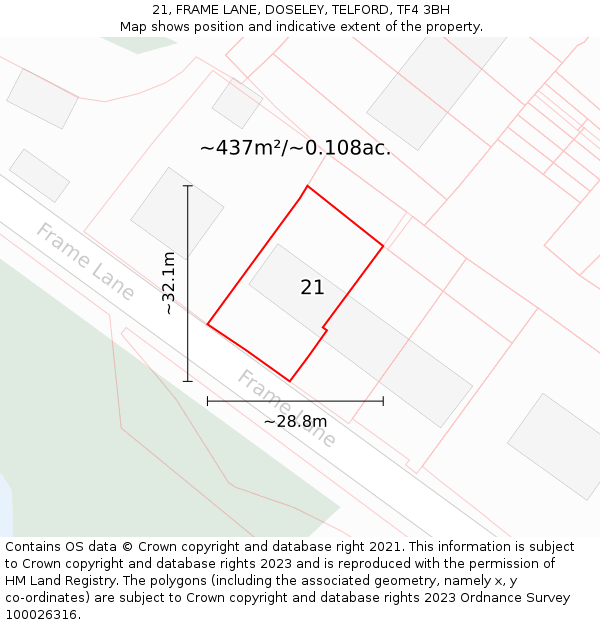 21, FRAME LANE, DOSELEY, TELFORD, TF4 3BH: Plot and title map