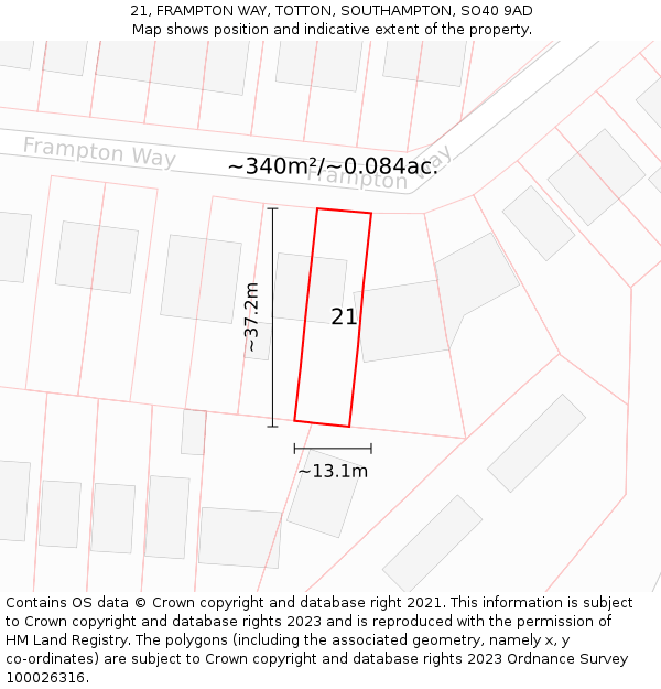 21, FRAMPTON WAY, TOTTON, SOUTHAMPTON, SO40 9AD: Plot and title map