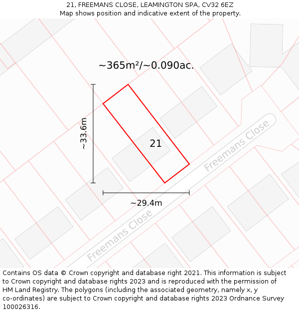 21, FREEMANS CLOSE, LEAMINGTON SPA, CV32 6EZ: Plot and title map