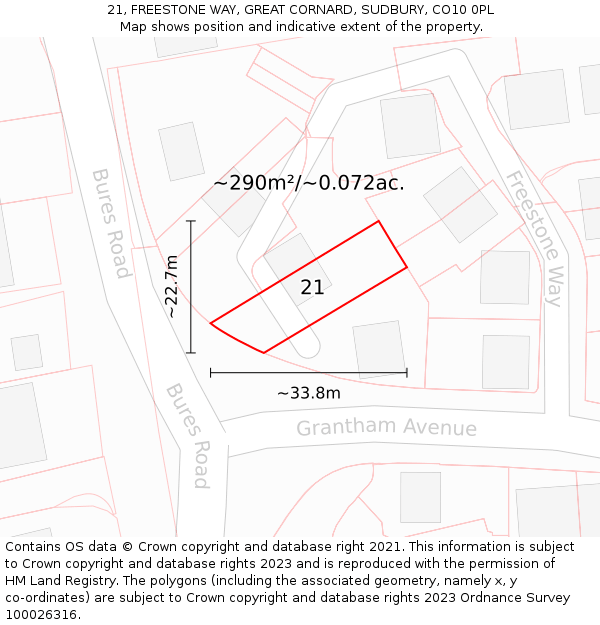 21, FREESTONE WAY, GREAT CORNARD, SUDBURY, CO10 0PL: Plot and title map