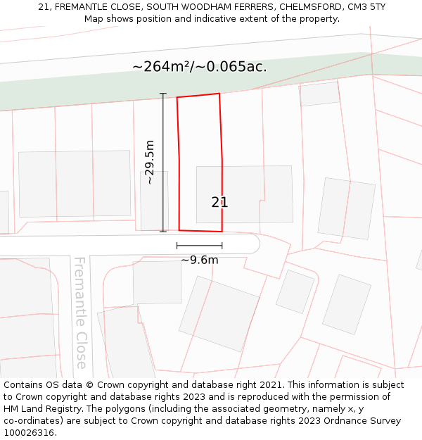 21, FREMANTLE CLOSE, SOUTH WOODHAM FERRERS, CHELMSFORD, CM3 5TY: Plot and title map