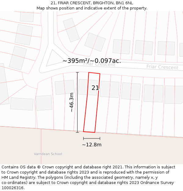 21, FRIAR CRESCENT, BRIGHTON, BN1 6NL: Plot and title map