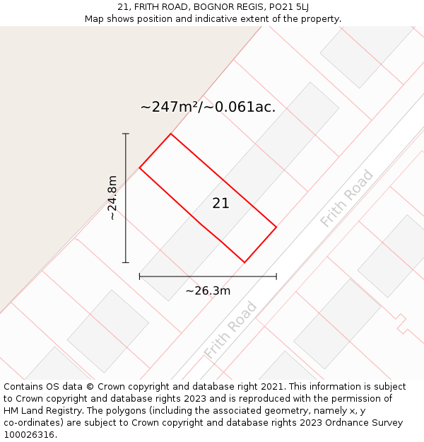 21, FRITH ROAD, BOGNOR REGIS, PO21 5LJ: Plot and title map