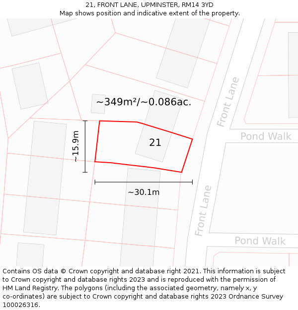 21, FRONT LANE, UPMINSTER, RM14 3YD: Plot and title map