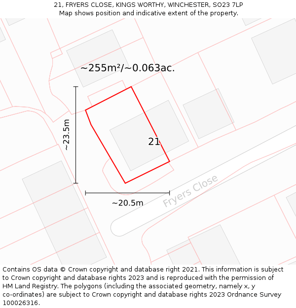21, FRYERS CLOSE, KINGS WORTHY, WINCHESTER, SO23 7LP: Plot and title map