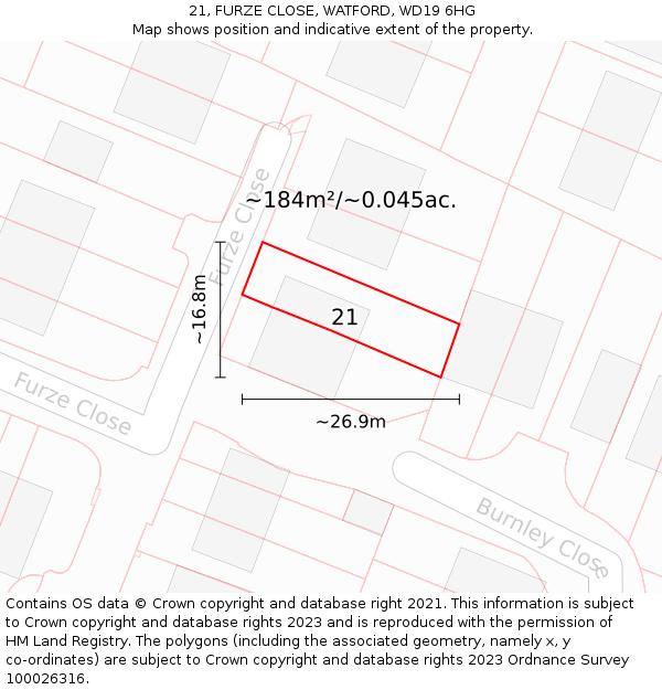 21, FURZE CLOSE, WATFORD, WD19 6HG: Plot and title map