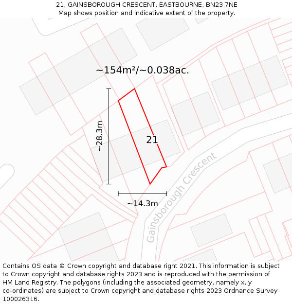 21, GAINSBOROUGH CRESCENT, EASTBOURNE, BN23 7NE: Plot and title map