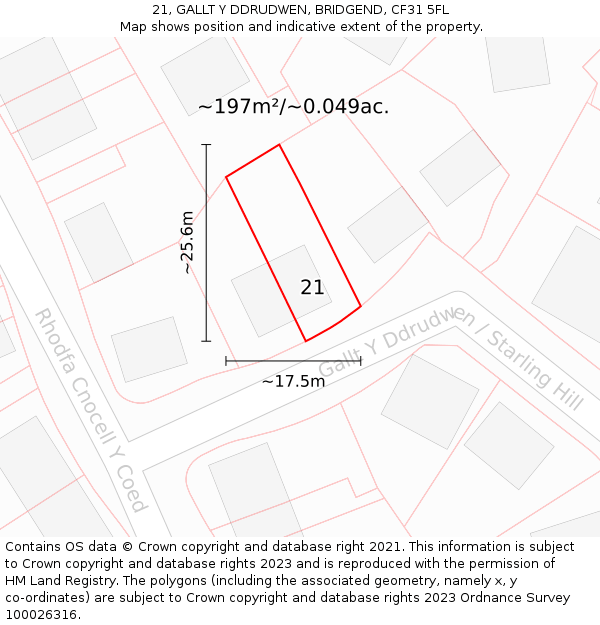 21, GALLT Y DDRUDWEN, BRIDGEND, CF31 5FL: Plot and title map