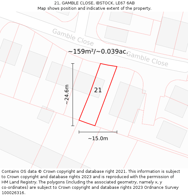 21, GAMBLE CLOSE, IBSTOCK, LE67 6AB: Plot and title map
