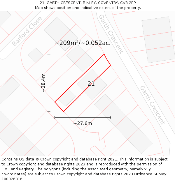 21, GARTH CRESCENT, BINLEY, COVENTRY, CV3 2PP: Plot and title map