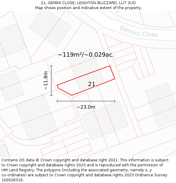 21, GEMINI CLOSE, LEIGHTON BUZZARD, LU7 3UD: Plot and title map