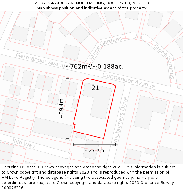 21, GERMANDER AVENUE, HALLING, ROCHESTER, ME2 1FR: Plot and title map