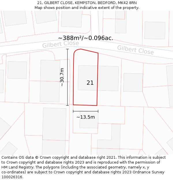 21, GILBERT CLOSE, KEMPSTON, BEDFORD, MK42 8RN: Plot and title map