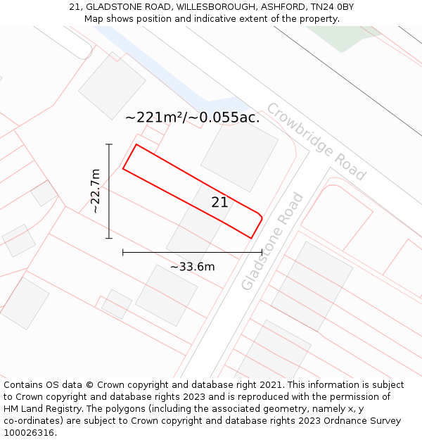 21, GLADSTONE ROAD, WILLESBOROUGH, ASHFORD, TN24 0BY: Plot and title map